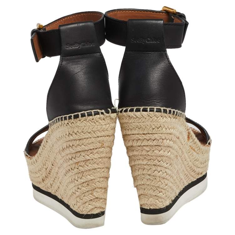 Pre Owned See by Chloe Black Leather Espadrille Wedge Sandals Size 35