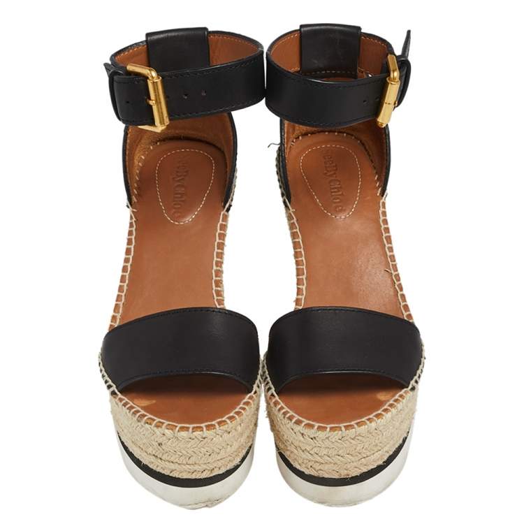 Pre Owned See by Chloe Black Leather Espadrille Wedge Sandals Size 35