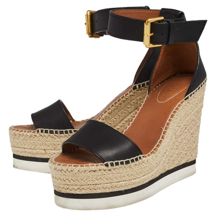 Pre Owned See by Chloe Black Leather Espadrille Wedge Sandals Size 35
