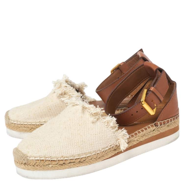 Pre Owned See By Chloe White/Tan Canvas and Leather Glyn Espadrilles Size 37