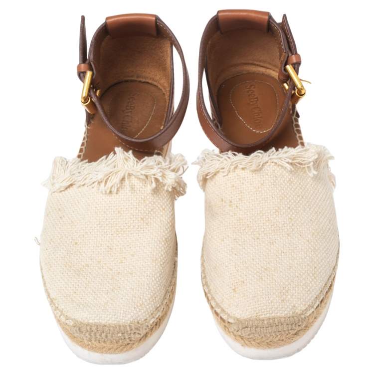 Pre Owned See By Chloe White/Tan Canvas and Leather Glyn Espadrilles Size 37
