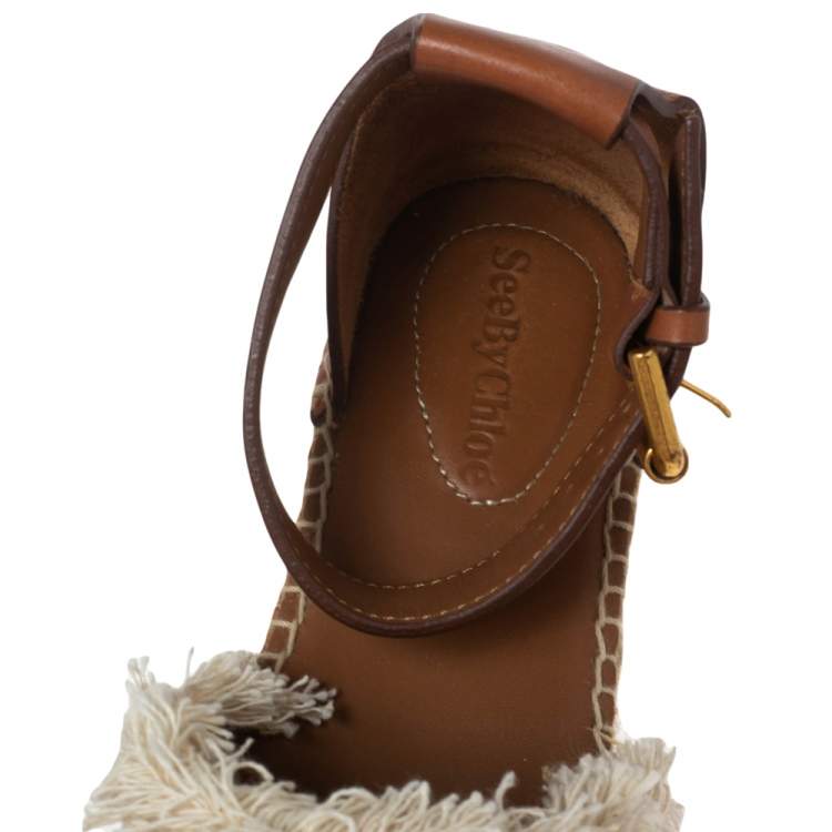 Pre Owned See By Chloe White/Tan Canvas and Leather Glyn Espadrilles Size 37