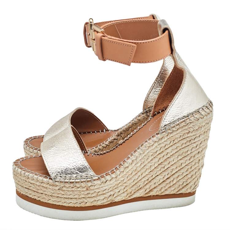 Pre Owned See by Chloe Metallic Gold/Brown Leather Wedge Espadrille Ankle Strap Sandals Size 36