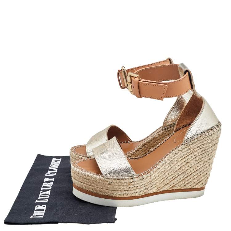 Pre Owned See by Chloe Metallic Gold/Brown Leather Wedge Espadrille Ankle Strap Sandals Size 36
