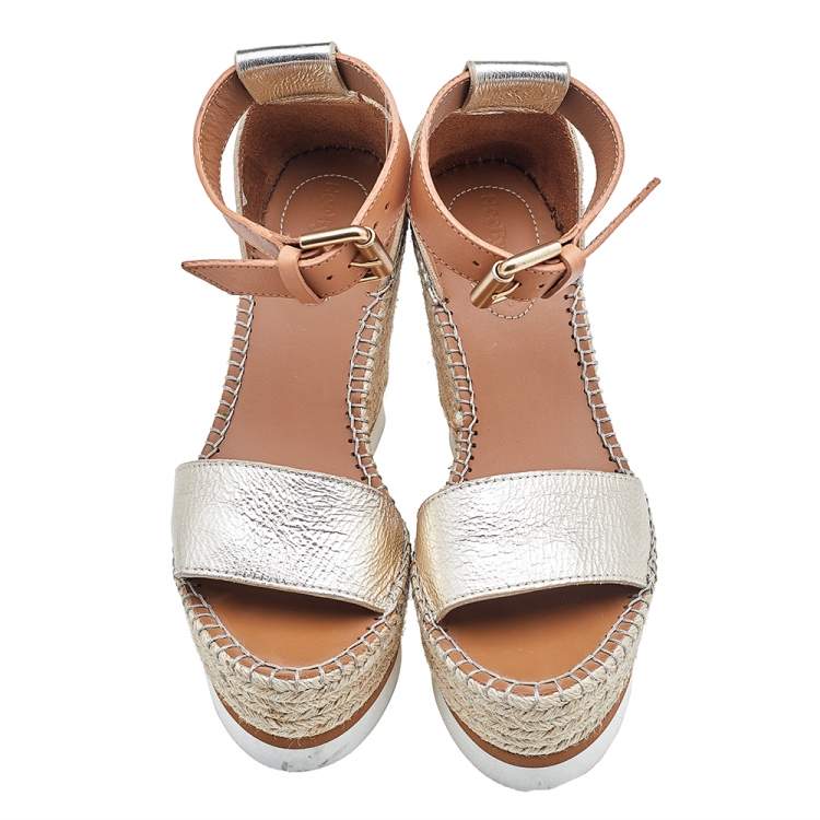 Pre Owned See by Chloe Metallic Gold/Brown Leather Wedge Espadrille Ankle Strap Sandals Size 36