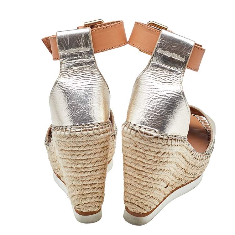 Pre Owned See by Chloe Metallic Gold/Brown Leather Wedge Espadrille Ankle Strap Sandals Size 36
