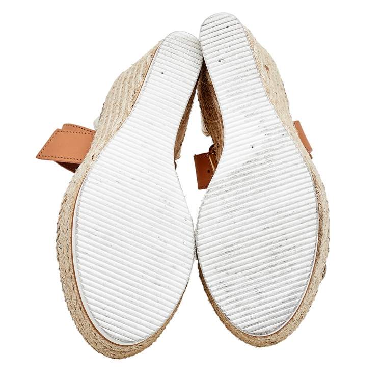 Pre Owned See by Chloe Metallic Gold/Brown Leather Wedge Espadrille Ankle Strap Sandals Size 36