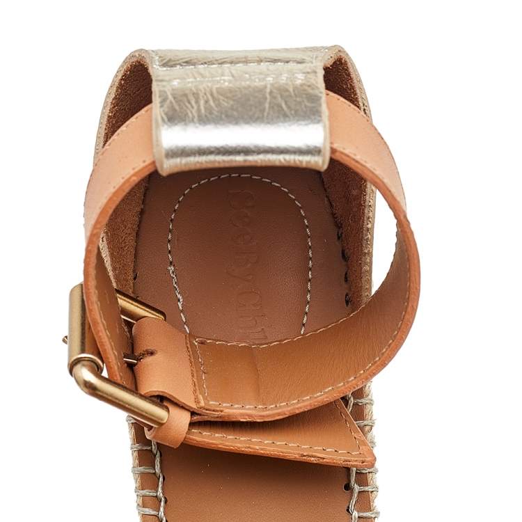 Pre Owned See by Chloe Metallic Gold/Brown Leather Wedge Espadrille Ankle Strap Sandals Size 36