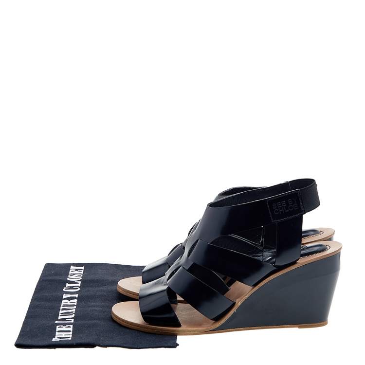 Pre Owned See by Chloe Black Leather Slingback Wedge Sandals Size 40