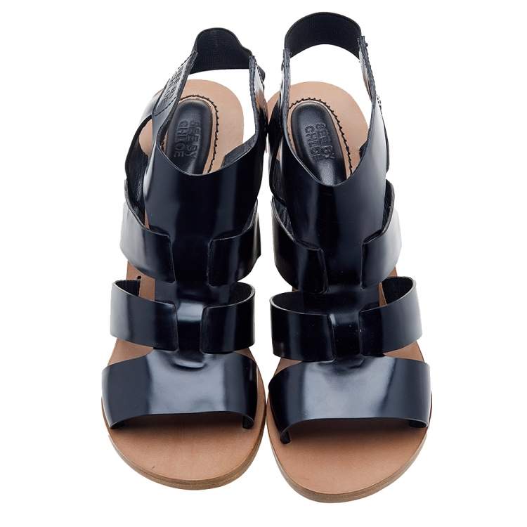 Pre Owned See by Chloe Black Leather Slingback Wedge Sandals Size 40