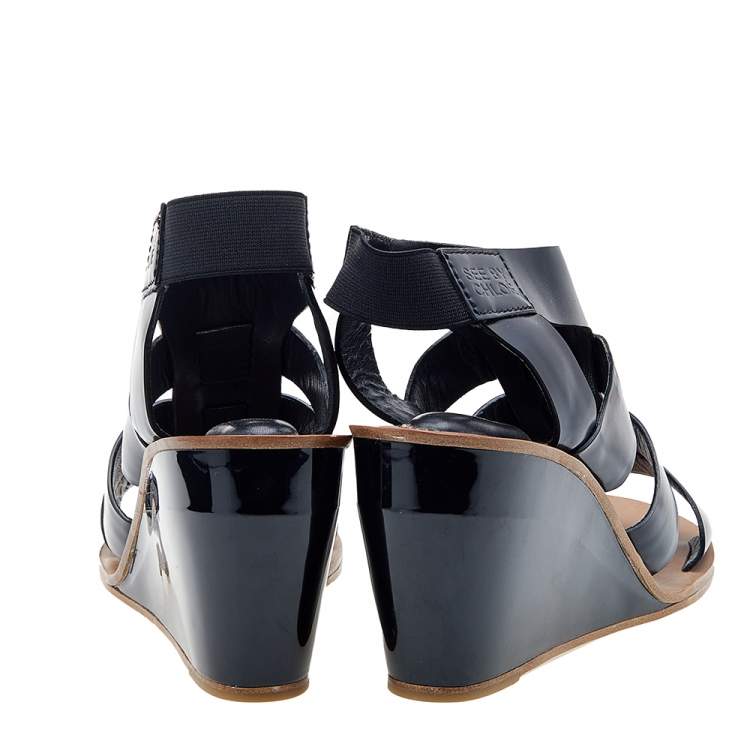 Pre Owned See by Chloe Black Leather Slingback Wedge Sandals Size 40