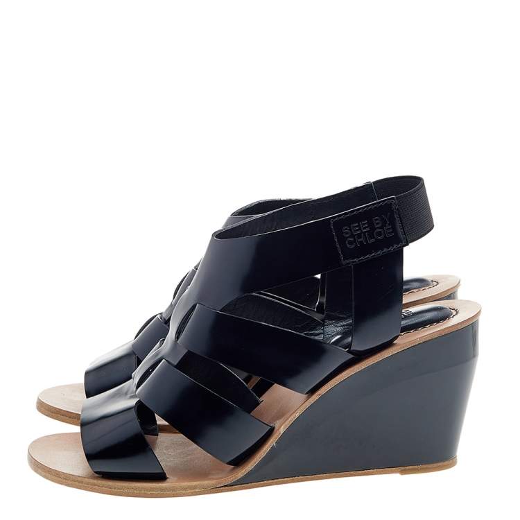 Pre Owned See by Chloe Black Leather Slingback Wedge Sandals Size 40