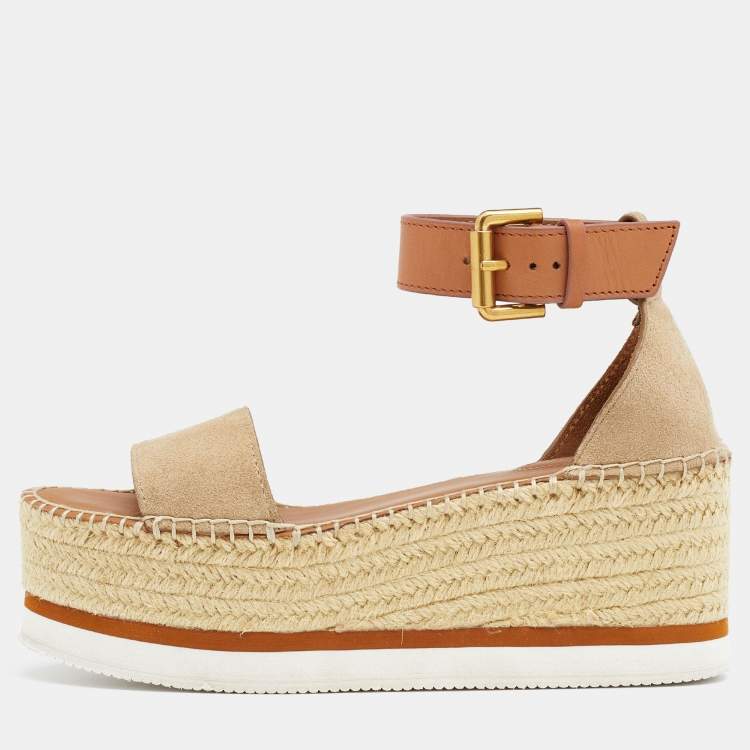 Pre Owned See by Chloe Beige/Brown Suede and Leather Platform Espadrilles Size 36