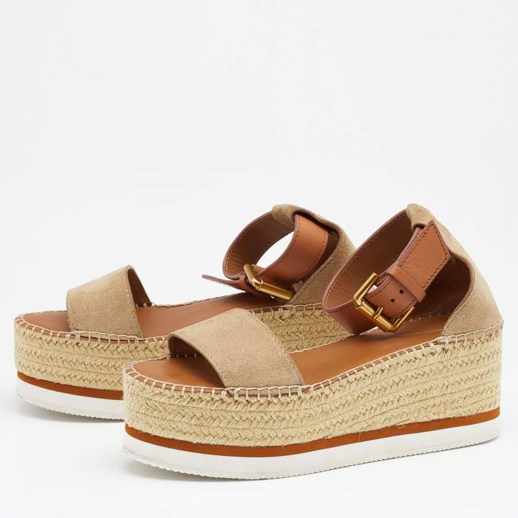 Pre Owned See by Chloe Beige/Brown Suede and Leather Platform Espadrilles Size 36
