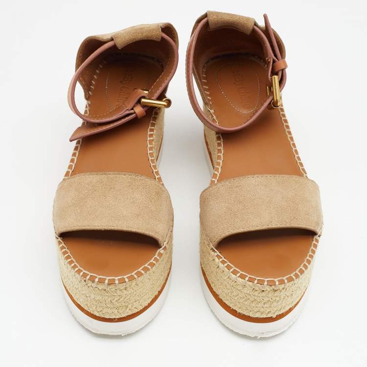 Pre Owned See by Chloe Beige/Brown Suede and Leather Platform Espadrilles Size 36