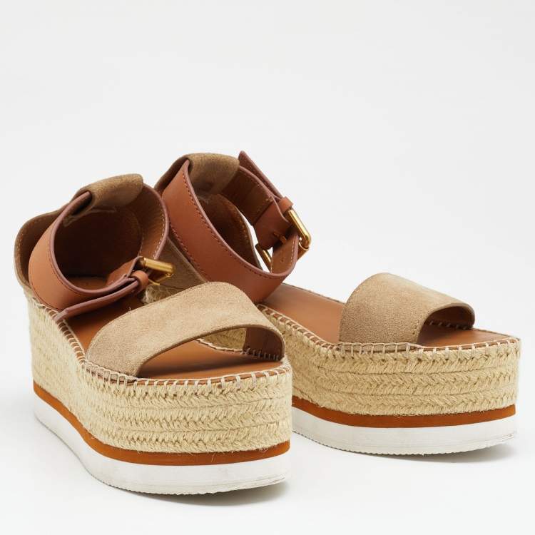 Pre Owned See by Chloe Beige/Brown Suede and Leather Platform Espadrilles Size 36