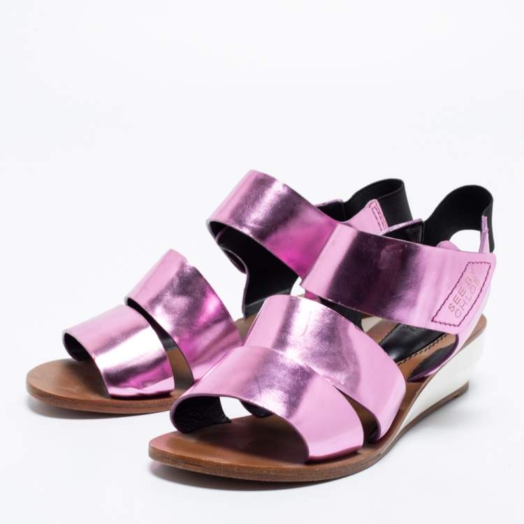 Pre Owned See by Chloe Metallic Purple Leather Slingback Wedge Sandals Size 38