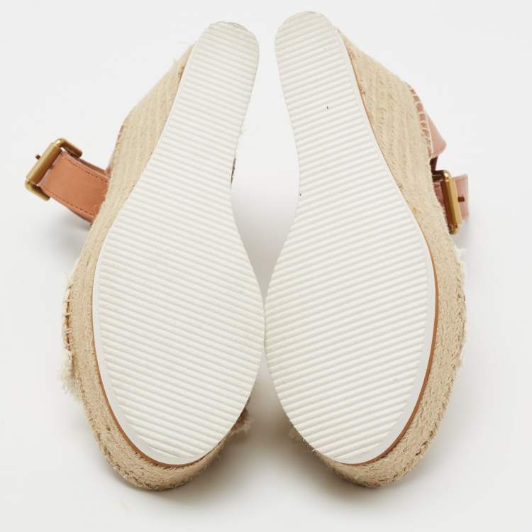 Pre Owned See by Chloe Tan/White Leather And Canvas Glyn Wedge Espadrille Ankle Strap Sandals Size 40 