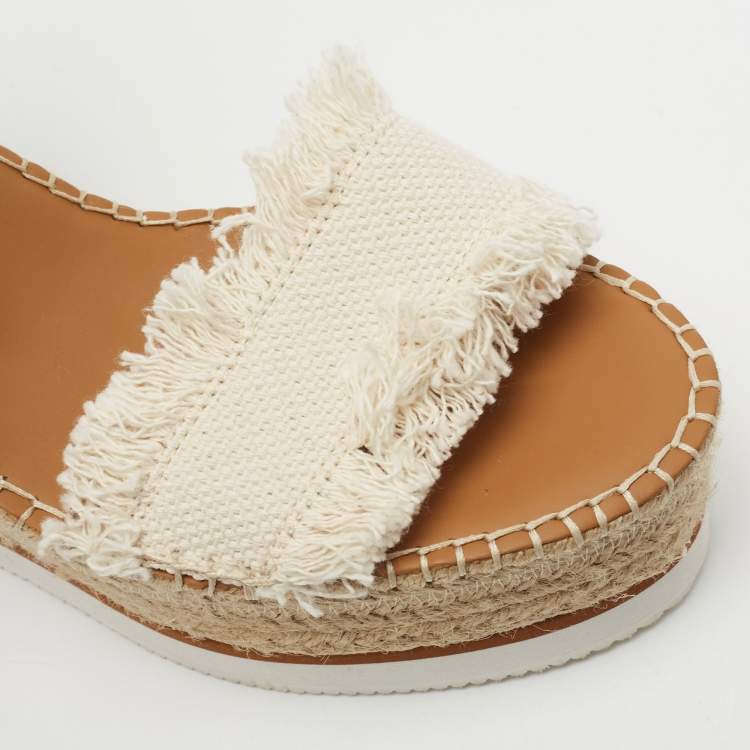 Pre Owned See by Chloe Tan/White Leather And Canvas Glyn Wedge Espadrille Ankle Strap Sandals Size 40 