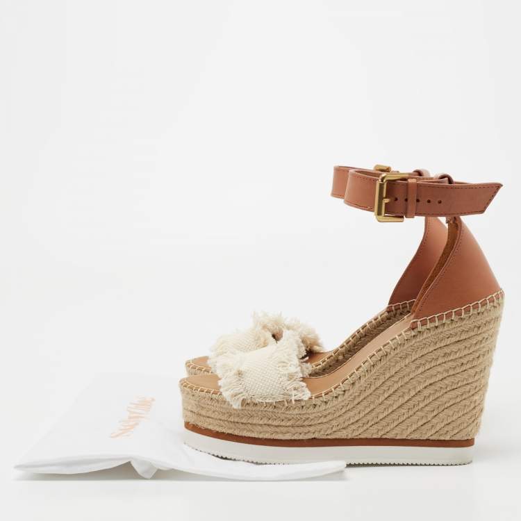 Pre Owned See by Chloe Tan/White Leather And Canvas Glyn Wedge Espadrille Ankle Strap Sandals Size 40 