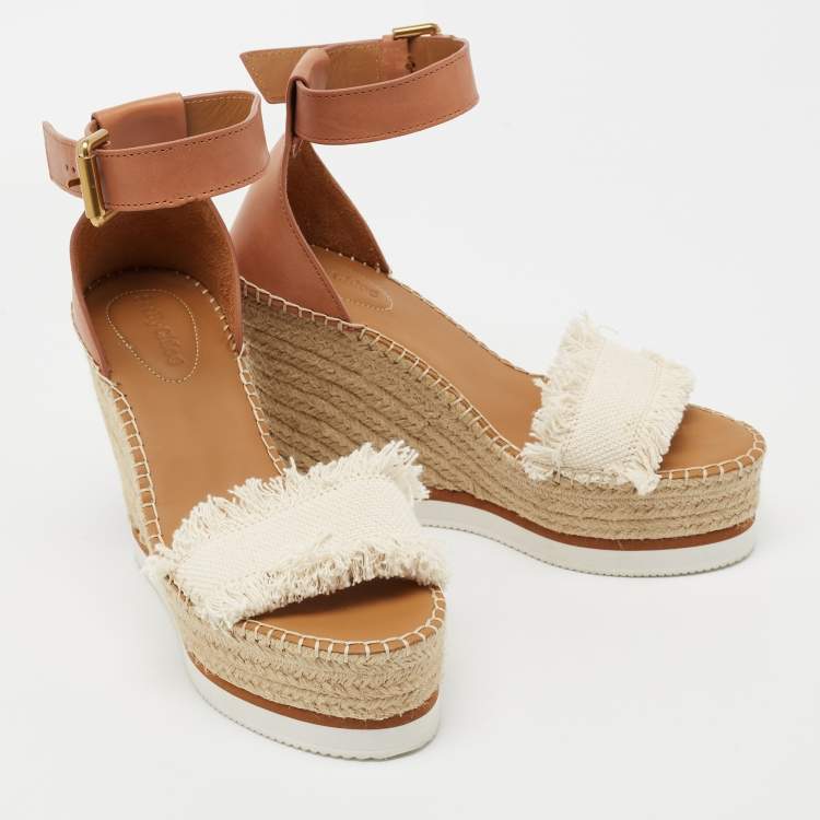 Pre Owned See by Chloe Tan/White Leather And Canvas Glyn Wedge Espadrille Ankle Strap Sandals Size 40 