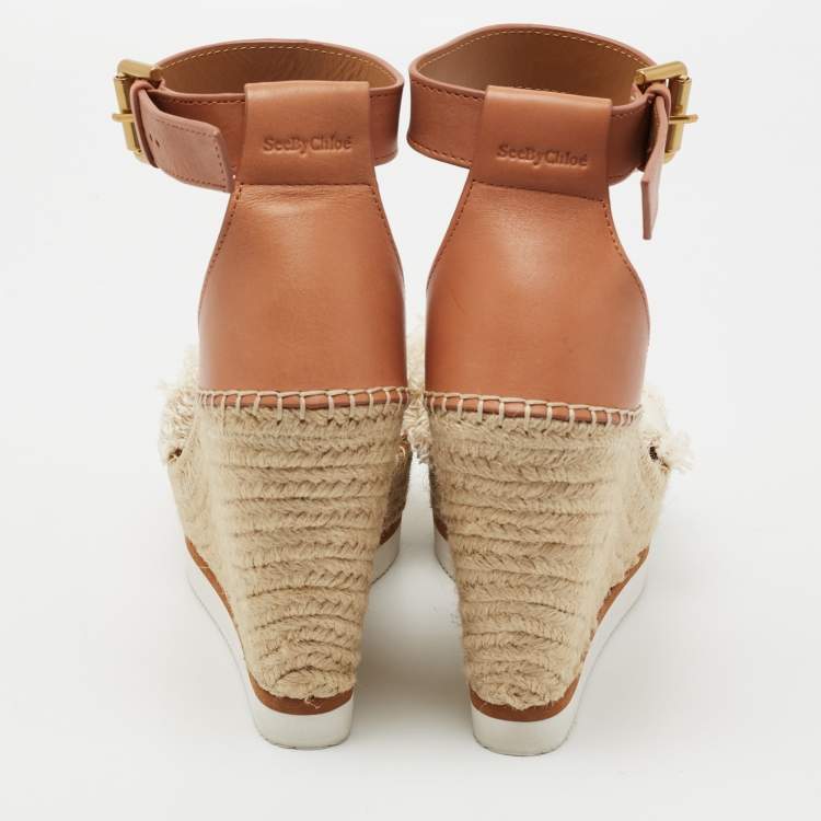 Pre Owned See by Chloe Tan/White Leather And Canvas Glyn Wedge Espadrille Ankle Strap Sandals Size 40 