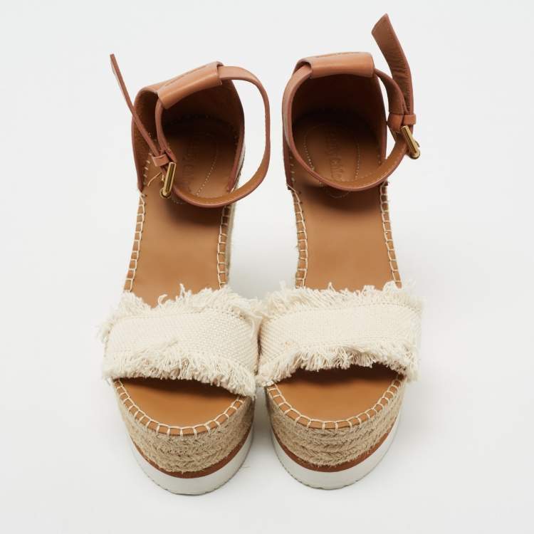 Pre Owned See by Chloe Tan/White Leather And Canvas Glyn Wedge Espadrille Ankle Strap Sandals Size 40 