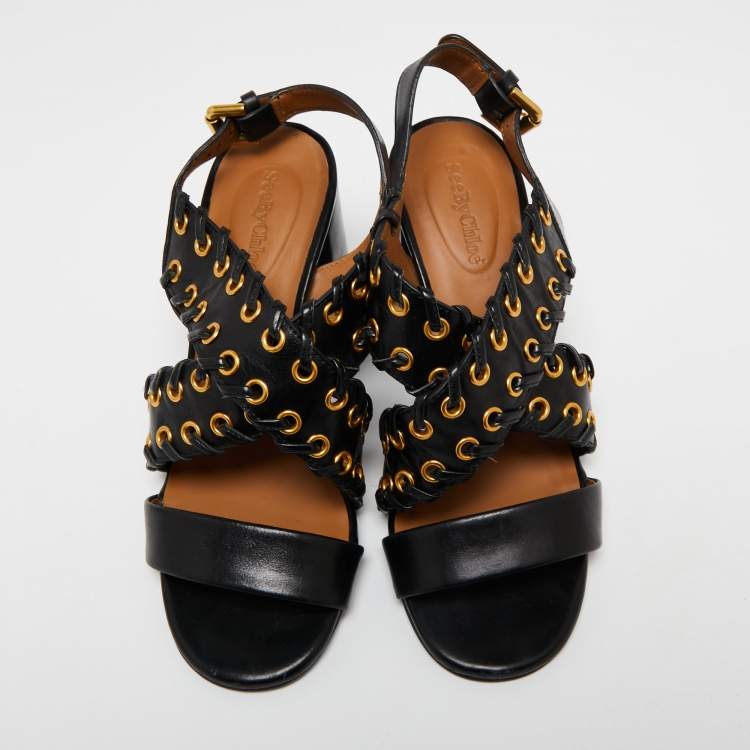 Pre Owned See by Chloe Black Leather Ankle Strap Sandals Size 38
