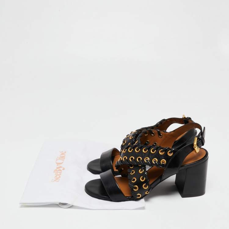 Pre Owned See by Chloe Black Leather Ankle Strap Sandals Size 38