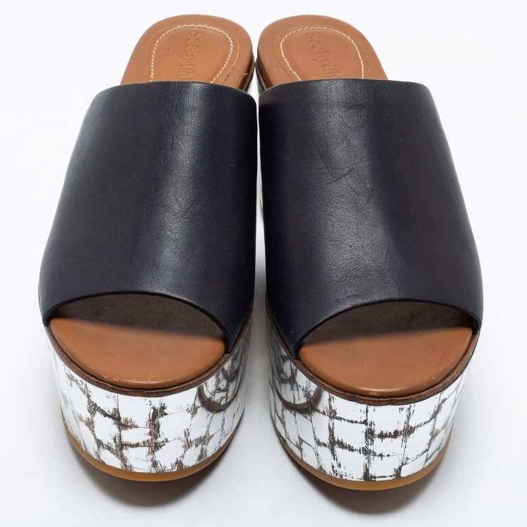 Pre Owned See by Chloe Black Leather Platform Slide Sandals Size 38