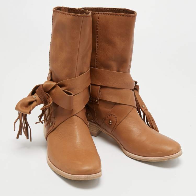 Pre Owned See by Chloe Beige Leather Ankle Strap  Boots Size 36