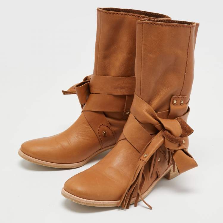 Pre Owned See by Chloe Beige Leather Ankle Strap  Boots Size 36