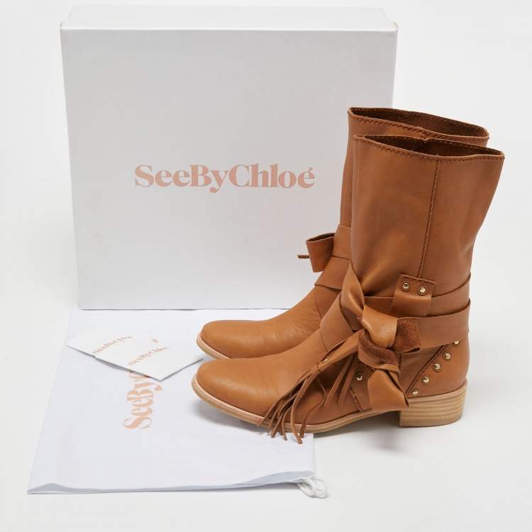 Pre Owned See by Chloe Beige Leather Ankle Strap  Boots Size 36
