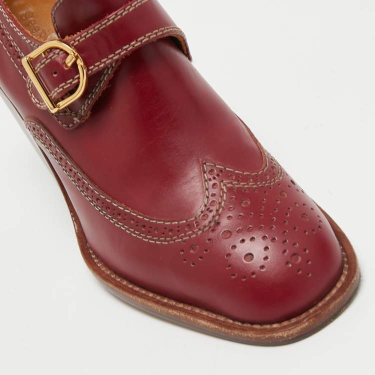 Pre Owned See by Chloe Burgundy Brogue Leather Wedge Loafer Pumps Size 38.5