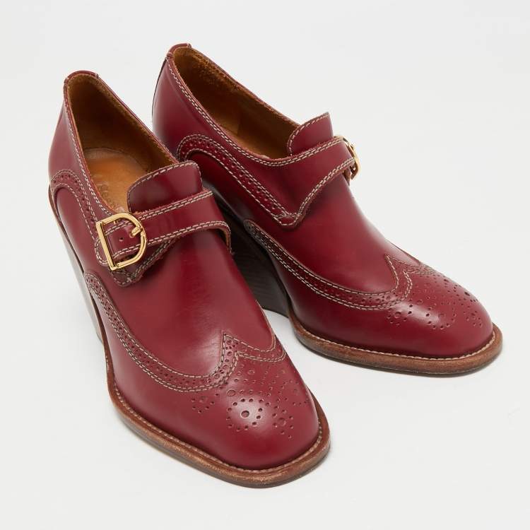 Pre Owned See by Chloe Burgundy Brogue Leather Wedge Loafer Pumps Size 38.5