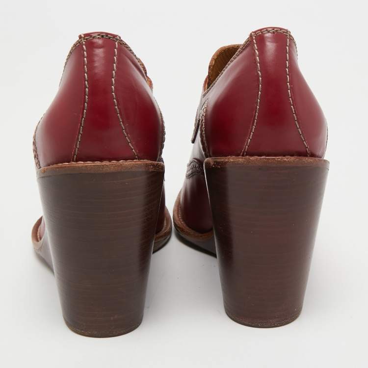 Pre Owned See by Chloe Burgundy Brogue Leather Wedge Loafer Pumps Size 38.5