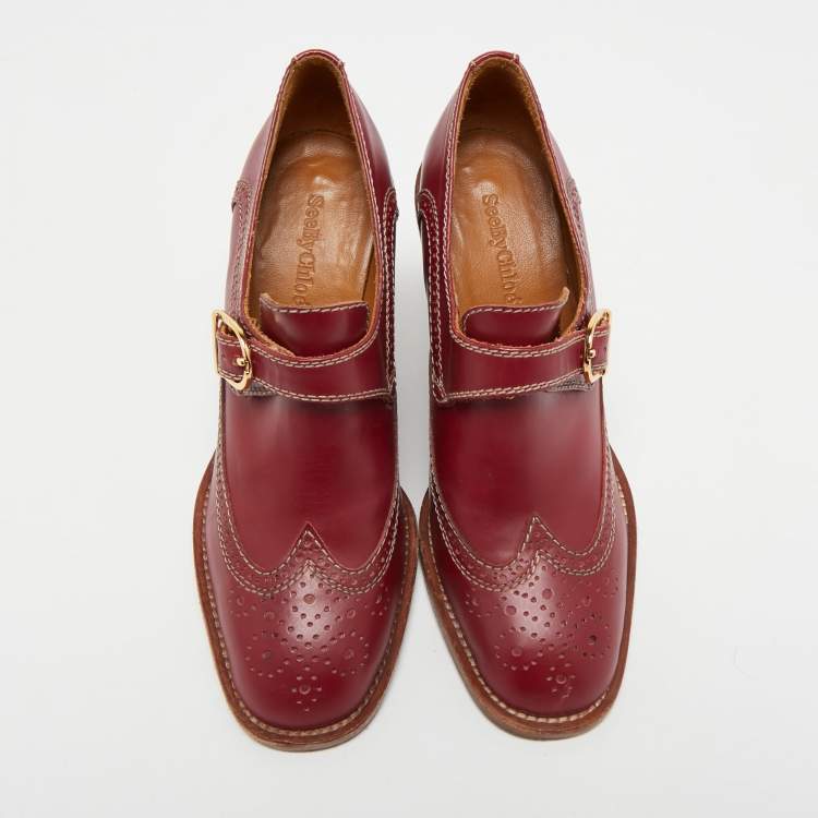Pre Owned See by Chloe Burgundy Brogue Leather Wedge Loafer Pumps Size 38.5
