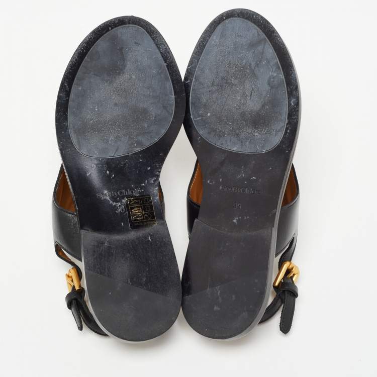 Pre Owned See by Chloe Black Leather Thong Flat Sandals Size 38