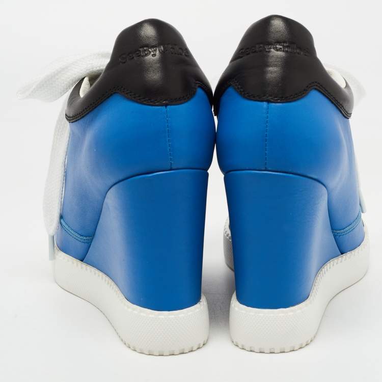 Pre Owned See by Chloe Blue Leather Wedge Sneakers Size 37.5