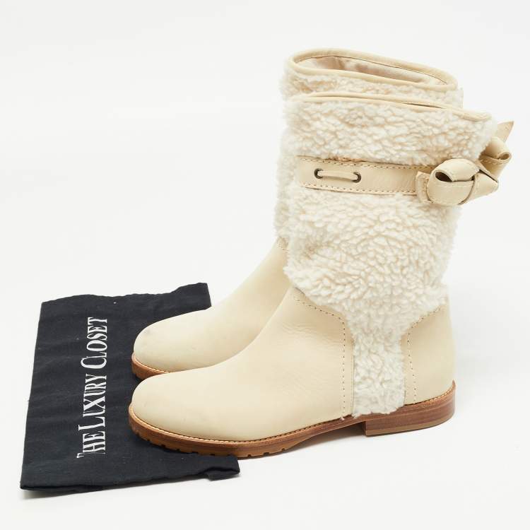 Pre Owned See by Chloe White Nubuck Leather and Fur Ankle Length Boots Size 37
