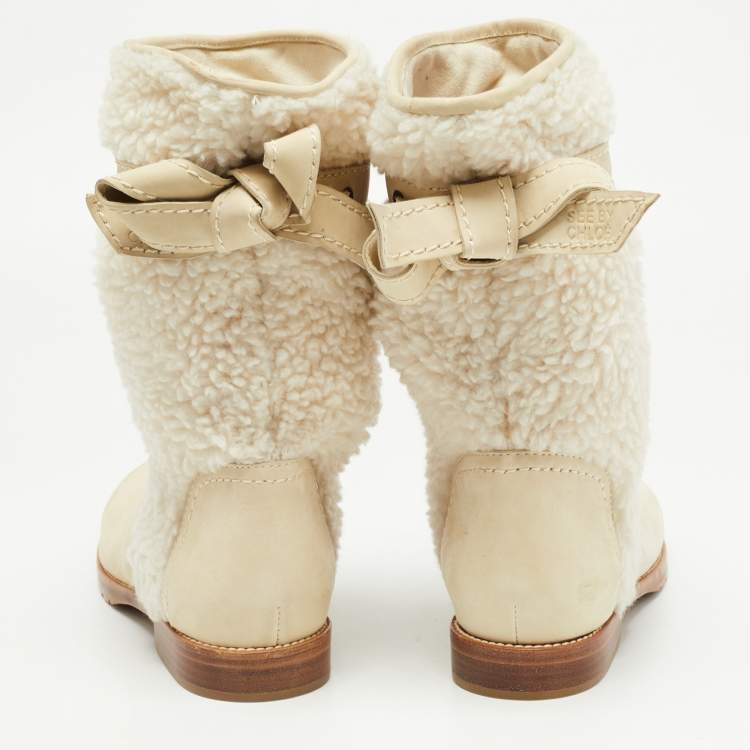 Pre Owned See by Chloe White Nubuck Leather and Fur Ankle Length Boots Size 37