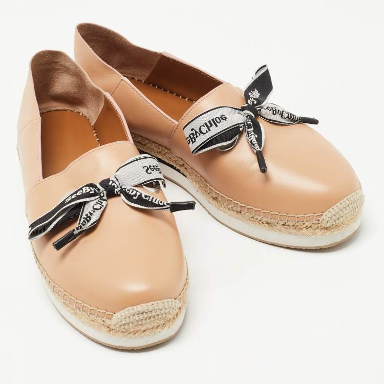 Pre Owned See by Chloe Beige Leather Bow Slip On Espadrilles Size 40