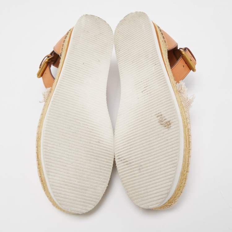 Pre Owned See by Chloe Beige/Brown Leather and Fabric Ankle Strap Flat Espadrilles Size 40
