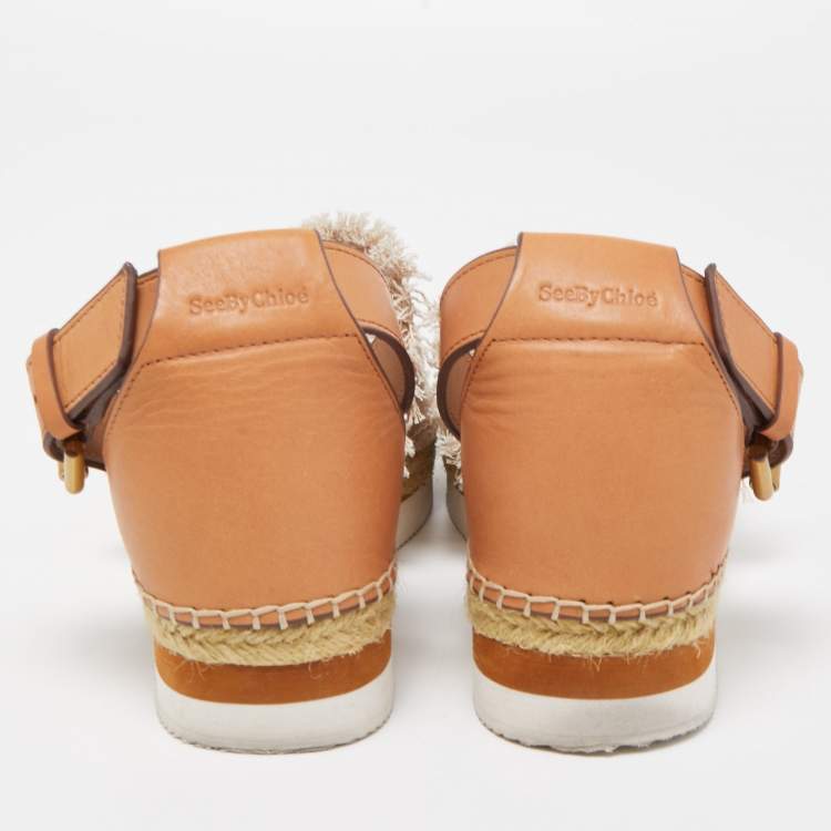 Pre Owned See by Chloe Beige/Brown Leather and Fabric Ankle Strap Flat Espadrilles Size 40