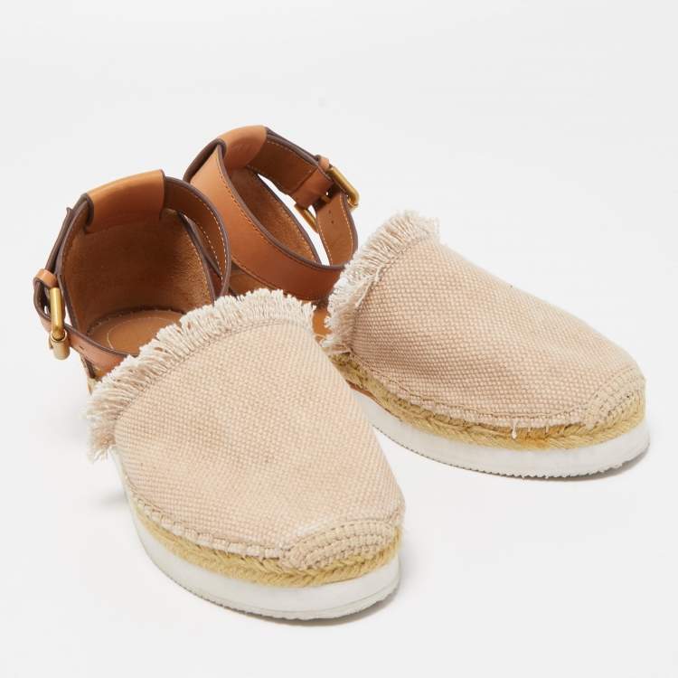 Pre Owned See by Chloe Beige/Brown Leather and Fabric Ankle Strap Flat Espadrilles Size 40