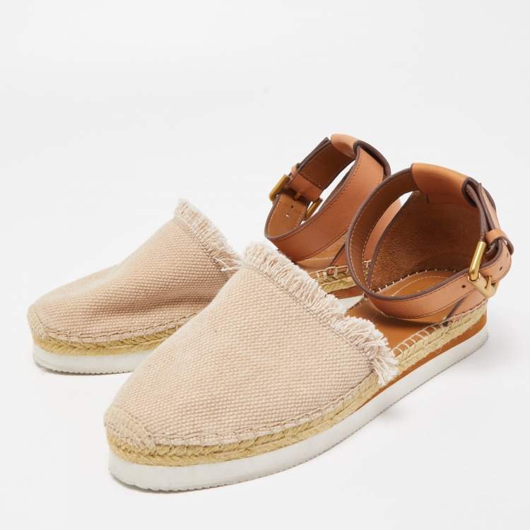 Pre Owned See by Chloe Beige/Brown Leather and Fabric Ankle Strap Flat Espadrilles Size 40