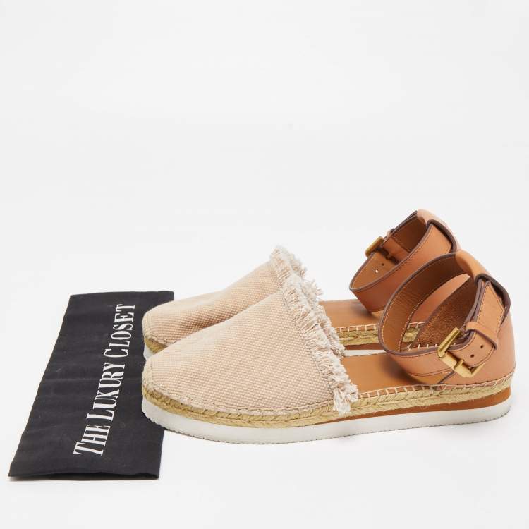 Pre Owned See by Chloe Beige/Brown Leather and Fabric Ankle Strap Flat Espadrilles Size 40