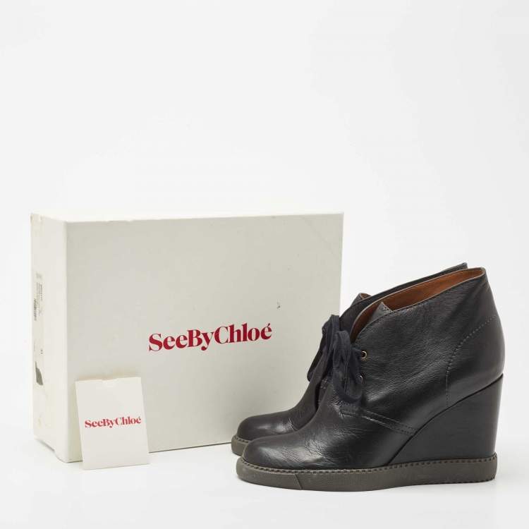 Pre Owned See by Chloe Black Leather Wedge Ankle Boots Size 41