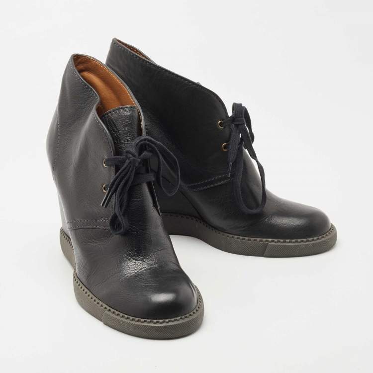 Pre Owned See by Chloe Black Leather Wedge Ankle Boots Size 41