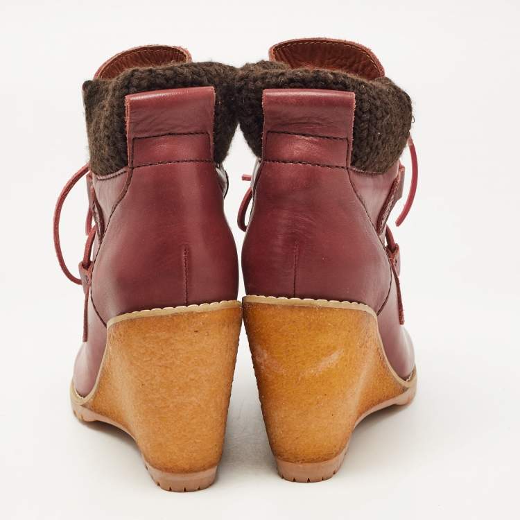 Pre Owned See by Chloe Burgundy Leather Wedge Ankle Boots Size 37